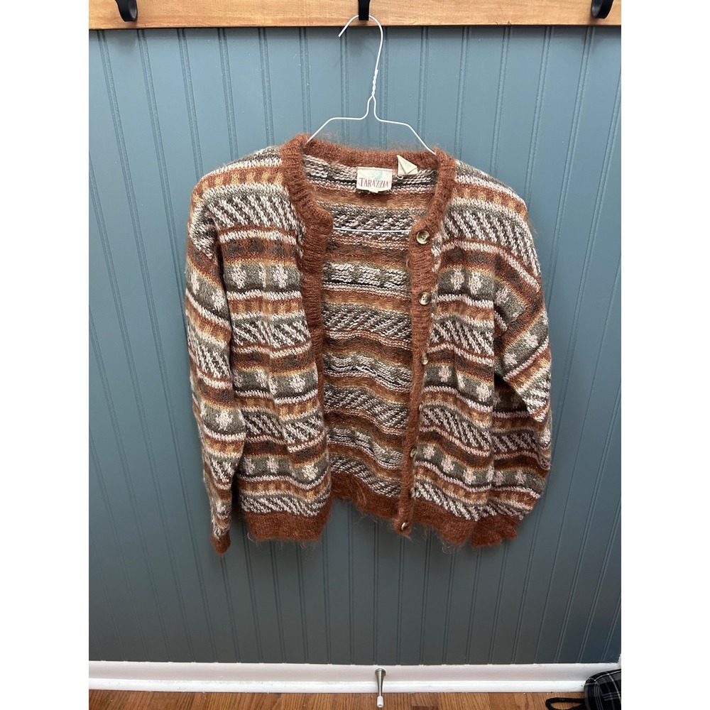Tarazzia Vintage Mohair Blend Cardigan Rust Brown Fair Isle Metallic Sweater M‎